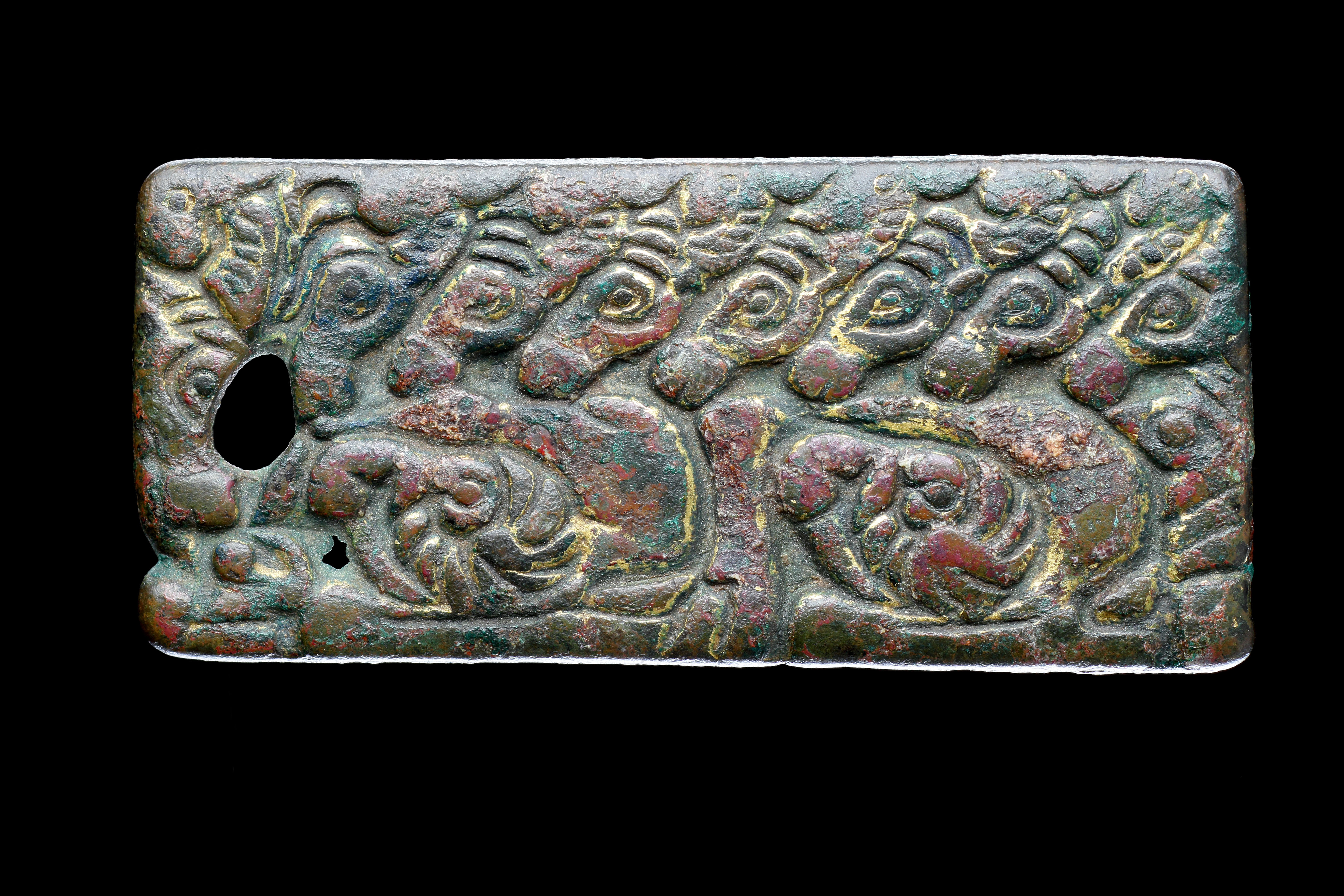 Ancient Chinese Gilt Bronze Rectangular Plaque Cast with a Row of Antelope Heads Over Two Argali Rams 
